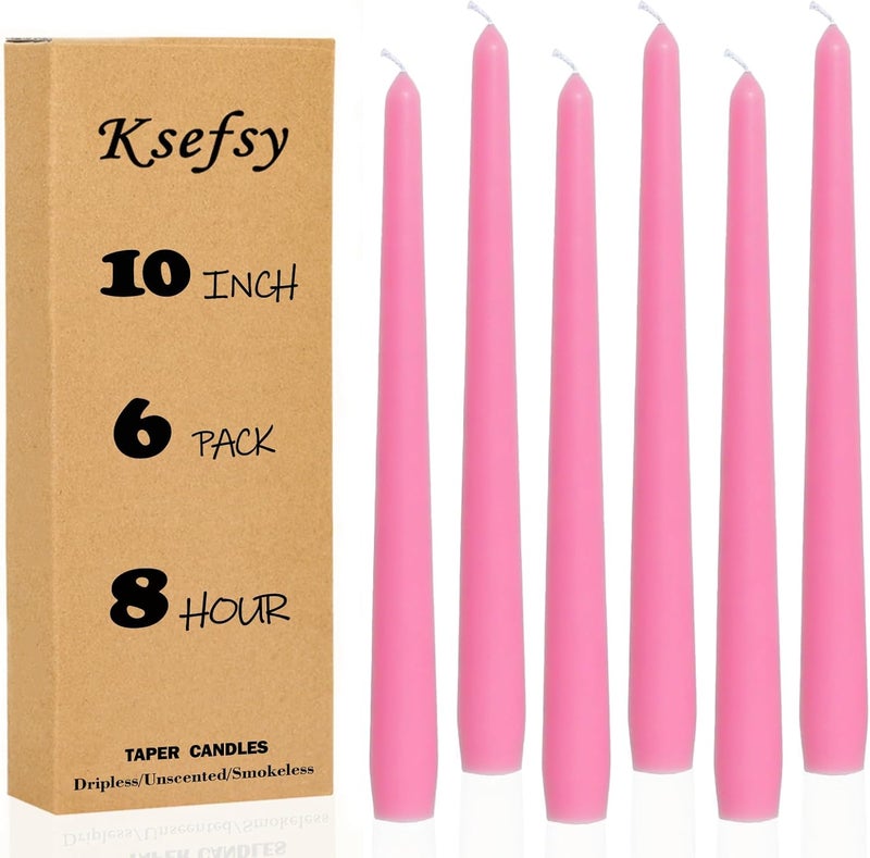 Ksefsy Ksefey 10 Inch Pink Taper Candles Set of 6 - Dripless,Unscented,8 Hours Burn Time-Perfect for Wedding,Dinner,Party and Home Decor - Image 1